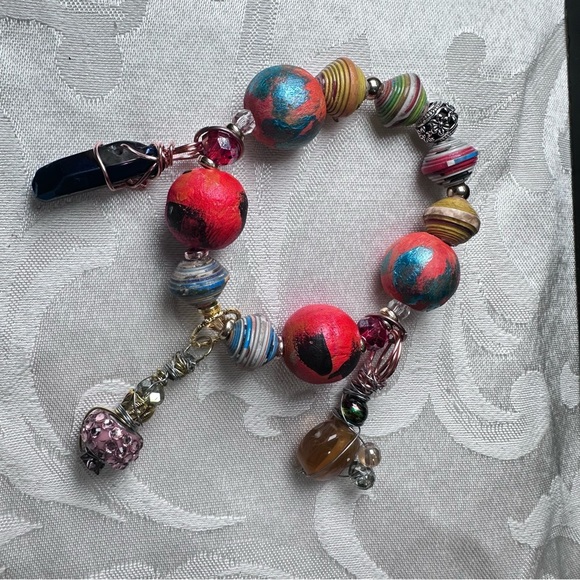 Handmade Charm Bracelet with Hand-Painted Beads & Wire-Wrapped Accents 6-7 3130 - Picture 11 of 13